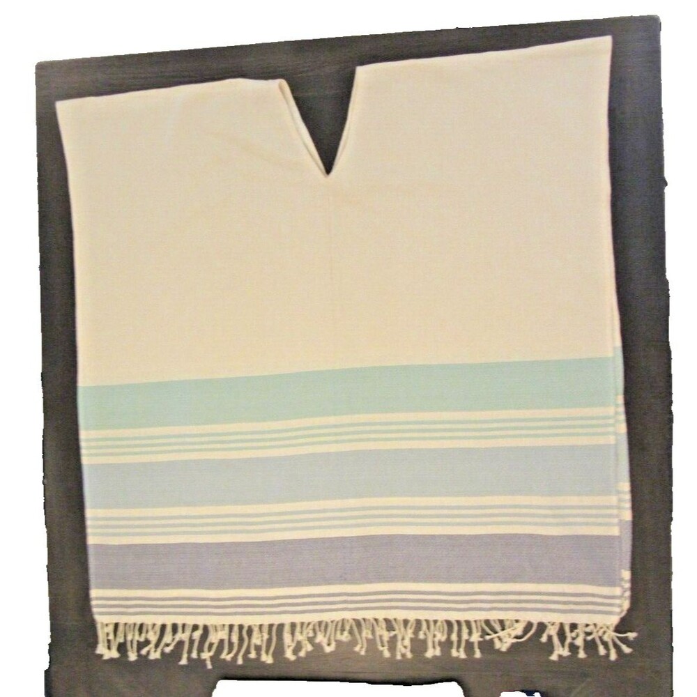 Womens OS Cream Blue Stripes Fringe Poncho Beach Caftan Coverup Boho Tribe Alive - Picture 11 of 11